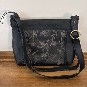 The Sak Melrose Black Leather Gray Floral Design Crossbody